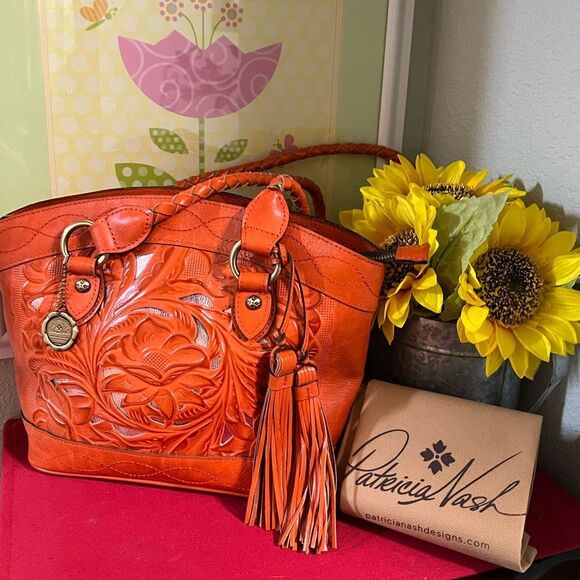 NWOT Patricia Nash “Broncos” Leather Zorita Tool Vibrant Orange Embossed Satchel - Picture 1 of 15